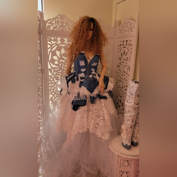The "MOREA" Denim, Crystal & Lace Rustic Wedding Ballgown Set (Without Boots) - Picture 4 of 11
